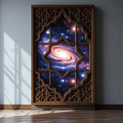 The primary subject of the image is a large, decorative wooden panel featuring a space-themed design. The panel is adorned with a celestial scene, including a starry background and a spiral pattern. The setting is a room with a wall, and the visual style is a combination of artistic and digital elements. The colors and mood of the image are predominantly blue and serene, creating a calming atmosphere.